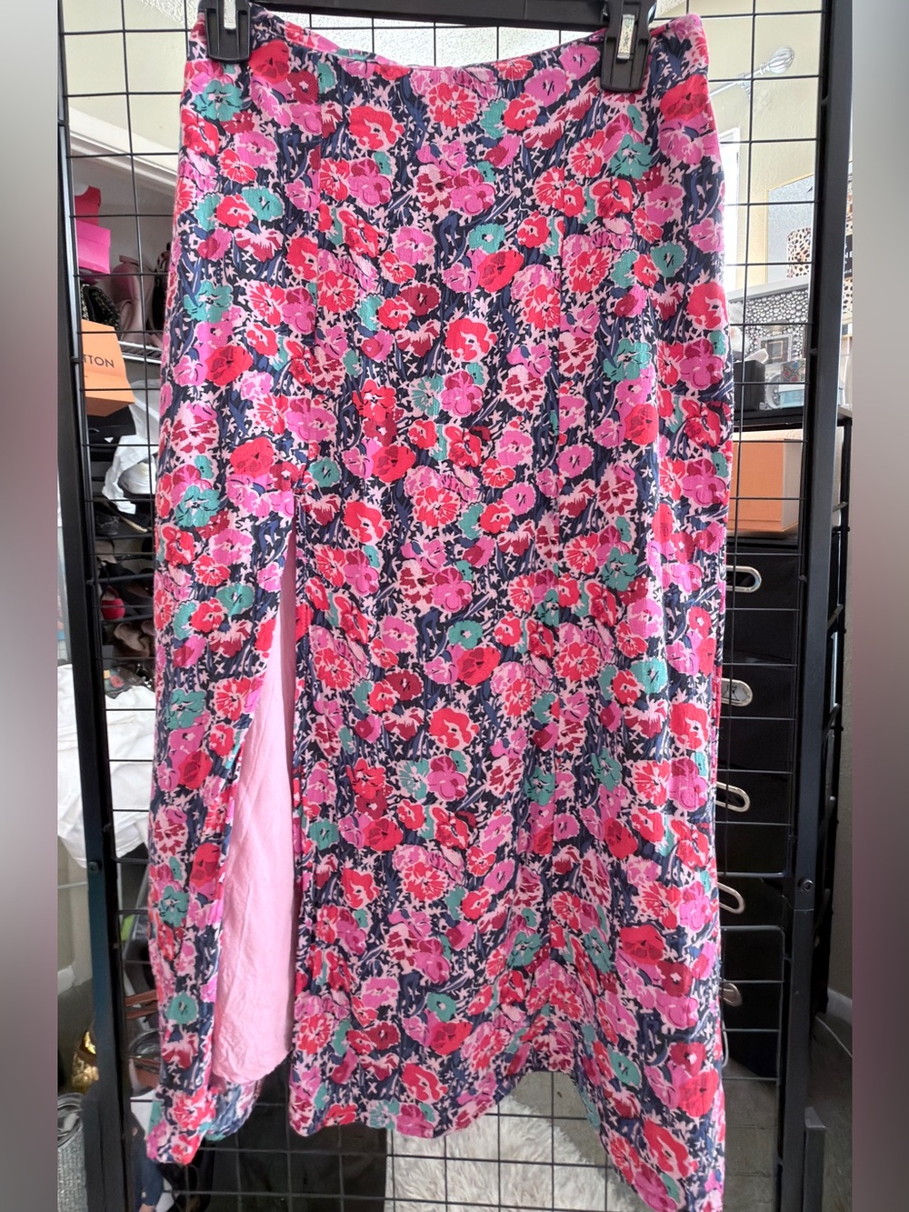 Anthropologie Pink, Navy & Teal Floral Maxi Skirt with Side Split